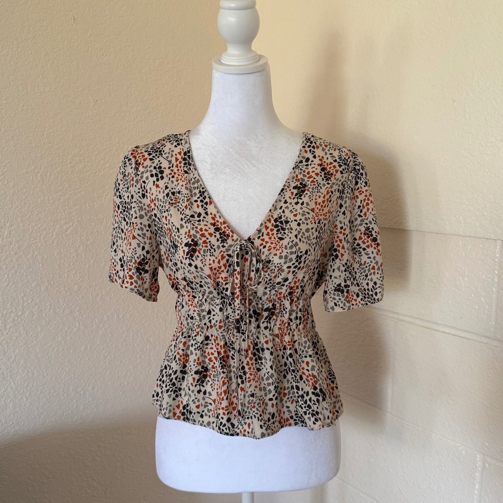 Paper Crane Peplum Blouse Womens Small Cream Orange Abstract‎ Flora Cottagecorel